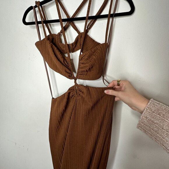Rumer The Label Chocolate Ribbed Oasis Bandeau Style Cut Outs Lined Maxi S - Picture 6 of 16